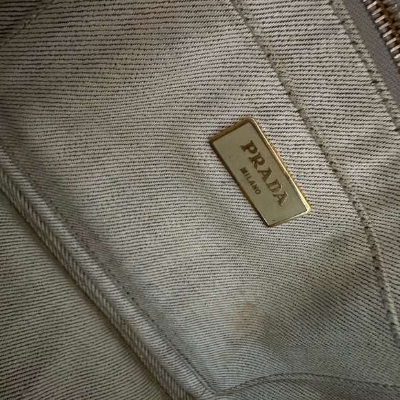 Vintage Prada Small Canapa Denim Logo Tote in Bianco Grey/white - Picture 14 of 16